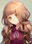  1girl bangs blonde_hair blunt_bangs blush closed_mouth dated green_background hood hood_down lf_(paro) little_red_riding_hood_(sinoalice) long_hair looking_at_viewer red_hoodie sidelocks simple_background sinoalice solo twintails upper_body wavy_hair yellow_eyes 