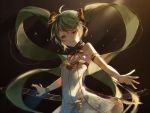 1girl aqua_hair armlet bare_shoulders beamed_eighth_notes bracelet collar commentary dress eighth_note elbow_gloves gloves gold_trim hair_ornament half-closed_eyes hatsune_miku highres jewelry long_hair miku_symphony_(vocaloid) musical_note omutatsu outstretched_arms quarter_note ribbon smile solo spotlight staff_(music) strapless strapless_dress twintails upper_body very_long_hair vocaloid white_dress 