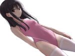  1girl arm_behind_back bare_shoulders black_eyes black_hair breasts commentary_request competition_swimsuit dutch_angle expressionless highleg highleg_swimsuit highres long_hair looking_at_viewer one-piece_swimsuit original pink_swimsuit sidelocks simple_background small_breasts solo standing swimsuit thigh-highs white_background white_legwear zuima 