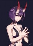  1girl bangs bare_shoulders black_background bob_cut breasts collarbone eyeliner fangs fate/grand_order fate_(series) fingers_together highres horns looking_at_viewer makeup navel oni oni_horns purple_hair revealing_clothes short_eyebrows short_hair shuten_douji_(fate/grand_order) simple_background skin-covered_horns small_breasts smile solo tom51207 violet_eyes 