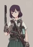  1girl chinese_commentary commentary_request dated earpiece etmc1992 gloves gun highres holding holding_gun holding_weapon load_bearing_vest original purple_hair sawed-off_shotgun school_uniform shotgun simple_background solo violet_eyes weapon weapon_request 