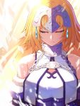  1girl bare_shoulders blonde_hair braid breasts chain closed_eyes collarbone commentary_request dress fate/grand_order fate_(series) frown fur_trim headpiece highres jeanne_d&#039;arc_(fate) jeanne_d&#039;arc_(fate)_(all) long_hair mikan_(chipstar182) white_dress 