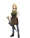 1girl absurdres apron blonde_hair cureeper0210 full_body green_eyes gun hand_on_hip highres holding holding_gun holding_weapon long_hair oldschool original plate_carrier pointy_ears solo weapon weapon_request white_background 