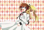  2girls black_ribbon blonde_hair blush brown_hair couple fate_testarossa hair_ribbon happy highres jink locked_arms long_hair looking_at_another lyrical_nanoha mahou_shoujo_lyrical_nanoha mahou_shoujo_lyrical_nanoha_a&#039;s multiple_girls open_mouth ribbon short_hair short_twintails smile takamachi_nanoha twintails white_ribbon yuri 