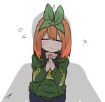  1girl bangs blush closed_eyes closed_mouth collarbone drawstring eyebrows_behind_hair facing_viewer flying_sweatdrops go-toubun_no_hanayome green_hoodie green_ribbon hair_between_eyes hair_ribbon hands_together hands_up hood hood_down hoodie kujou_karasuma long_sleeves nakano_yotsuba orange_hair own_hands_together palms_together ribbon shadow signature smile solo sweat white_background 