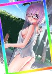  1girl :o ass bangs blush breasts commentary_request dousunnen eyebrows_visible_through_hair fate/grand_order fate_(series) food hair_over_one_eye highres holding ice_cream large_breasts looking_at_viewer mash_kyrielight naked_shirt open_mouth purple_hair shirt short_hair sideboob solo violet_eyes white_shirt 