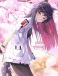  1girl absurdres animal_ear_fluff animal_ears arknights black_hair black_legwear blurry blurry_background blush cherry cherry_blossoms eyebrows_visible_through_hair food fruit highres holding hyonee jacket long_hair looking_at_viewer open_clothes open_jacket sleeves_folded_up solo standing tail texas_(arknights) white_jacket wolf_ears wolf_tail yellow_eyes 
