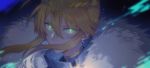  1girl armor artoria_pendragon_(all) artoria_pendragon_(lancer) blonde_hair braid breastplate capelet crown fate/grand_order fate_(series) french_braid fur-trimmed_capelet fur_trim glowing glowing_eyes green_eyes hair_between_eyes hair_over_mouth highres horns long_hair looking_at_viewer solo upper_body yorukun 