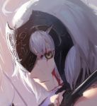  1girl blood droplet face fate/grand_order fate_(series) headdress highres injury jeanne_d&#039;arc_(alter)_(fate) jeanne_d&#039;arc_(fate)_(all) serious solo wet white_hair yellow_eyes zonotaida 