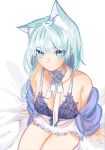  1girl animal_ears arknights bare_shoulders blue_eyes blue_hair breasts choker clothes_around_waist dress frilled_dress frills highres jacket_around_waist kal&#039;tsit miuli_absurd on_bed ribbon_choker short_hair simple_background sitting sitting_on_bed thighs 