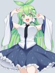  1girl :d antenna_hair arms_up bangs bare_shoulders black_neckwear blue_skirt breasts commentary_request cowboy_shot detached_sleeves double_v eyebrows_visible_through_hair frog_hair_ornament green_eyes green_hair grey_background hair_between_eyes hair_ornament hair_tubes kochiya_sanae large_breasts long_hair long_sleeves looking_at_viewer necktie open_mouth paburisiyasu petticoat shirt simple_background single_sidelock skirt smile snake_hair_ornament solo standing touhou v very_long_hair white_shirt wide_sleeves 