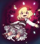  1girl :d absurdres ankle_bow ascot blonde_hair bloomers boa_(brianoa) bow brown_footwear brown_skirt brown_vest bubble_skirt collared_shirt eyebrows_visible_through_hair hair_bow highres long_sleeves looking_at_viewer open_mouth red_bow red_eyes red_neckwear rumia shirt shoes short_hair skirt smile socks solo touhou underwear vest white_legwear white_shirt wing_collar 