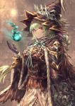  blush braid brown_gloves cloak closed_fan eyebrows_visible_through_hair fan floating folding_fan fur-trimmed_cloak fur_trim glint gloves glowing green_hair green_neckwear hat highres light_blush long_hair original signo_aaa smile tearing_up torn_clothes violet_eyes witch_hat 