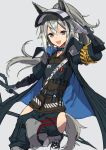  1girl :d arknights armband choker flat_chest gloves grani_(arknights) grey_background grey_hair highres hip_vent leg_up long_hair open_mouth ponytail salute shoes sidelocks sigm@ simple_background smile sneakers solo tail violet_eyes visor_(armor) weapon 