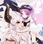  1boy 1girl asterios_(fate/grand_order) black_sclera carrying closed_mouth euryale fate/grand_order fate/hollow_ataraxia fate_(series) flower hair_flower hair_ornament hairband horns looking_at_viewer mo_(mocopo) parted_lips purple_flower purple_hair purple_rose red_eyes rose shoulder_carry smile violet_eyes white_hair 