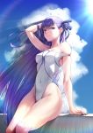  1girl blue_eyes breasts clouds collarbone commentary_request competition_swimsuit covered_navel fate/grand_order fate_(series) happymonk highres long_hair looking_at_viewer meltryllis one-piece_swimsuit purple_hair sitting solo sunlight swimsuit swimsuit_pull 