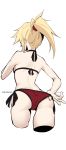  1girl adjusting_clothes adjusting_swimsuit ass bikini blonde_hair character_name cropped_legs fate/grand_order fate_(series) from_behind highres mordred_(fate)_(all) mordred_(swimsuit_rider)_(fate) ponytail red_bikini red_scrunchie scrunchie side-tie_bikini solo swimsuit takatun223 thighs white_background 