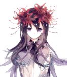  1girl akemi_homura black_hair capelet close-up closed_mouth dot_nose expressionless flat_chest flower hair_between_eyes hair_flower hair_ornament homulilly jitome long_hair long_sleeves looking_away mahou_shoujo_madoka_magica neck_ribbon purple_capelet purple_ribbon red_flower reigo ribbon shaded_face shirt simple_background solo spider_lily straight_hair upper_body v_arms violet_eyes white_background white_shirt 