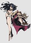  2girls absurdres barefoot black_hair black_ribbon blonde_hair breasts cape earrings ereshkigal_(fate/grand_order) fate/grand_order fate_(series) hair_over_one_eye hair_ribbon high_heels highres hoop_earrings ishtar_(fate)_(all) ishtar_(fate/grand_order) jewelry knees_to_chest long_hair looking_at_viewer medium_breasts multiple_girls navel red-eyes_macadamiachoco red_cape red_ribbon ribbon single_thighhigh stirrup_legwear thigh-highs thighs toeless_legwear twintails white_background yellow_eyes zhibuji_loom 