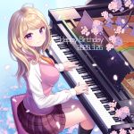  1girl ahoge akamatsu_kaede bangs beamed_eighth_notes blonde_hair blush breasts commentary_request dangan_ronpa dated eighth_note eyebrows_visible_through_hair flower hair_ornament happy_birthday highres large_breasts long_hair long_sleeves looking_at_viewer musical_note musical_note_hair_ornament nabekokoa necktie new_dangan_ronpa_v3 pleated_skirt school_uniform shirt skirt smile solo sweater_vest violet_eyes 