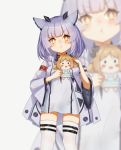  1girl absurdres animal_ears arknights blue_hair diamond-shaped_pupils doll hair_ornament highres ifrit_(arknights) ldd.ek owl_ears pout ptilopsis_(arknights) rhine_lab_logo short_hair symbol-shaped_pupils thigh-highs younger 
