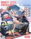  1girl azur_lane blue_eyes breasts cheerleader flag grey_hair highres large_breasts manjuu_(azur_lane) official_art reno_(azur_lane) scoreboard see-through stadium under_boob 