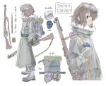  1girl absurdres backpack bag bayonet black_eyes blanket boots brown_hair canteen character_sheet commentary_request cup english_text fur_trim gloves gun hand_in_pocket highres holding holding_gun holding_weapon lee-enfield mess_kit original pickaxe pouch rifle rifle_on_back sakurada22 short_hair trench_coat weapon white_background 