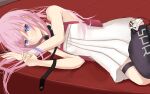  1girl bangs black_legwear blue_eyes breasts closed_mouth dress eyebrows_visible_through_hair girls_frontline highres koenza_botoke long_hair looking_at_viewer lying on_side pink_hair simple_background single_thighhigh small_breasts solo st_ar-15_(girls&#039;_frontline) thigh-highs white_dress 