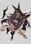  1girl absurdres animal_ears ankh anubis_(westxost) bike_shorts boots brown_hair crop_top dark_skin earrings egyptian eyebrows_visible_through_hair full_body fur_trim grey_background highres holding jackal_ears jewelry knees_together_feet_apart looking_at_viewer midriff navel original parted_lips simple_background solo thigh_gap violet_eyes westxost_(68monkey) 