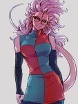  1girl android_21 black-framed_eyewear black_sclera breasts checkered checkered_dress detached_sleeves dragon_ball dragon_ball_fighterz dress earrings glasses grey_background hair_between_eyes hoop_earrings jewelry kemachiku large_breasts long_hair looking_at_viewer majin_android_21 pink_skirt pointy_ears red_eyes simple_background skirt solo tail white_hair 