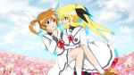  2girls black_ribbon blonde_hair blue_sky blush brown_hair carrying clouds cloudy_sky couple fate_testarossa field flower flower_field hair_ribbon long_hair lyrical_nanoha mahou_shoujo_lyrical_nanoha mahou_shoujo_lyrical_nanoha_a&#039;s multiple_girls neck_ribbon princess_carry red_ribbon ribbon school_uniform short_hair short_twintails sky surprised syousetui takamachi_nanoha twintails uniform white_ribbon yuri 