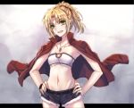  1girl blonde_hair blush breasts cowboy_shot cutoffs denim denim_shorts fate/grand_order fate_(series) green_eyes groin hands_on_hips jacket_on_shoulders letterboxed mordred_(fate)_(all) navel neck_ribbon ponytail red_scrunchie ribbon scrunchie shorts small_breasts smile solo under_boob yaoto 