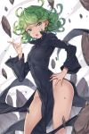  1girl :o bangs bare_hips black_dress breasts covered_navel curly_hair dress floating_rock green_eyes green_hair hand_on_hip highres index_finger_raised keg long_sleeves looking_at_viewer one-punch_man open_mouth pelvic_curtain short_hair small_breasts solo standing tatsumaki thighs 