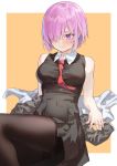  1girl absurdres bare_shoulders black_dress black_legwear blush border breasts closed_mouth dress fate/grand_order fate_(series) grey_jacket hair_over_one_eye highres ildy jacket jacket_removed mash_kyrielight medium_breasts necktie orange_background outside_border pantyhose purple_hair red_neckwear short_hair simple_background sleeveless sleeveless_dress smile solo thighband_pantyhose v-shaped_eyebrows violet_eyes white_border 