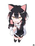  1girl :d animal_ears bangs black_hair black_legwear black_shorts brown_eyes cat_ears collared_shirt commentary_request cropped_legs dress_shirt eyebrows_visible_through_hair fang hair_between_eyes highres index_finger_raised korean_commentary long_sleeves looking_at_viewer multicolored_hair open_mouth original pink_hair shirt short_over_long_sleeves short_shorts short_sleeves shorts signature simple_background smile solo sweater_vest thigh-highs tosyeo two-tone_hair white_background white_shirt 