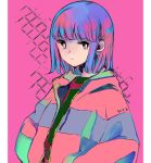  1girl bangs black_eyes black_shirt blue_hair coat earrings expressionless hair_ornament hairclip hands_in_pockets highres jewelry medium_hair multicolored_hair open_clothes open_coat original pink_background pink_hair richard_(ri39p) shirt solo upper_body 