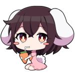  1girl animal_ears black_hair blush_stickers bright_pupils bunny_tail carrot carrot_necklace chibi commentary_request dress drinking_straw expressionless hair_between_eyes inaba_tewi looking_at_viewer pink_dress puffy_short_sleeves puffy_sleeves rabbit_ears red_eyes short_hair short_sleeves simple_background sitting solo tail touhou tsukimirin wariza white_background white_pupils 