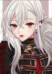 1girl bangs black_jacket brown_background cross cross_earrings ear_piercing earrings eyebrows_visible_through_hair fangs grey_hair hair_between_eyes highres jacket jewelry kuzuha_(nijisanji) long_hair looking_at_viewer mole mole_under_eye nijisanji parted_lips piercing pointy_ears red_eyes red_lips slit_pupils solo tsumetsume_zerii two-tone_background upper_body virtual_youtuber white_background