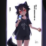  1girl ahoge animal_ear_fluff animal_ears bare_legs black_hair black_panties black_shirt blush cellphone clothes_writing collarbone commentary_request dated door doorknob ejami ekko_(ejami) eyebrows_visible_through_hair fox_ears fox_girl fox_tail hair_between_eyes holding holding_phone long_hair mole mole_on_thigh naked_shirt original panties phone red_eyes shirt short_sleeves signature smartphone smile solo tail translation_request underwear 