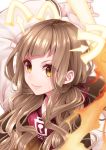 1girl animal_ears arm_up bangs blunt_bangs brown_hair closed_mouth eyes_visible_through_hair fire hair_ribbon highres hinata_mizuiro holding holding_weapon jacket little_red_riding_hood_(sinoalice) long_hair long_sleeves looking_at_viewer orange_eyes red_ribbon ribbon simple_background sinoalice smile solo twintails upper_body wavy_hair weapon white_background 