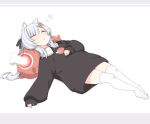  animal_ear_fluff animal_ears blush boned_meat brown_sweater cat_ears closed_eyes eyebrows_visible_through_hair food full_body grey_hair hair_ornament hairclip long_sleeves lying meat nekoume on_back original oversized_clothes parted_lips pillow sleeping sleeves_past_wrists stuffed_toy sweater thigh-highs twintails white_legwear 
