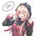  &gt;_o absurdres artist_name background_text black_hoodie blonde_hair blush breasts clenched_hand commentary english_text eyebrows_visible_through_hair facial_mark girls_frontline headgear highres hiromaster_sinta_jh hood hood_up hoodie long_hair long_sleeves looking_at_viewer m4_sopmod_ii_(girls_frontline) medium_breasts multicolored multicolored_hair multicolored_hoodie one_eye_closed open_mouth pink_hair red_eyes red_hoodie shiny shiny_hair simple_background smile star starry_background v white_background 