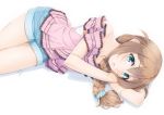  1girl arm_up baba_konomi bangs bare_shoulders blue_eyes blue_scrunchie blue_shorts blush braid brown_hair commentary_request eyebrows_visible_through_hair hair_between_eyes hair_ornament hair_scrunchie hand_up idolmaster idolmaster_million_live! long_hair looking_at_viewer lying miri_(ago550421) off-shoulder_shirt off_shoulder on_side parted_lips pink_shirt scrunchie shadow shirt short_shorts shorts single_braid solo white_background 