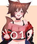  1girl 2019 absurdres ahoge animal_ears blush bra_strap breasts brown_eyes brown_hair cat_ears cat_tail choker eyebrows_visible_through_hair heart heart-shaped_pupils highres large_breasts looking_at_viewer navel off-shoulder_shirt off_shoulder ok_sign open_mouth original rayrie shirt short_hair smile solo symbol-shaped_pupils tail upper_body upper_teeth v 