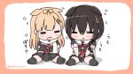  2girls ahoge black_hair black_ribbon black_serafuku blonde_hair blush_stickers braid chibi closed_eyes commentary_request full_body hair_flaps hair_ornament hair_over_shoulder hair_ribbon hairclip kantai_collection long_hair multiple_girls neckerchief poipoi_purin red_neckwear remodel_(kantai_collection) ribbon scarf school_uniform serafuku shigure_(kantai_collection) single_braid sitting sleeping translation_request twitter_username white_background white_scarf yuudachi_(kantai_collection) 