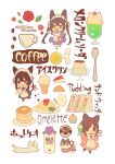  3girls :&lt; :d absurdres animal animal_ears apple_bunny apron black_dress black_footwear black_hair black_legwear blue_dress boots bottle bow brown_eyes brown_footwear brown_kimono butter cat cat_ears cat_girl cat_tail cherry_blossoms closed_mouth coffee_beans cup cupcake dress egasumi english_text flower food frilled_apron frills green_eyes hair_bow highres ice_cream ice_cream_cone ice_cream_float japanese_clothes juliet_sleeves kimono long_hair long_sleeves maid maid_apron maid_headdress milk_bottle multiple_girls omurice open_mouth original pancake pantyhose parted_lips pudding puffy_sleeves rabbit red_eyes red_flower red_rose rose sandwich short_hair simple_background smile spork stack_of_pancakes standing standing_on_one_leg sugar_cube tail teacup translation_request triangle_mouth tsumetsume_zerii twintails very_long_hair wa_maid white_apron white_background white_bow white_legwear 