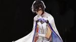  1boy arjuna_(fate/grand_order) black_background blood blood_on_face brown_eyes brown_hair cape dark_skin fate/grand_order fate_(series) gloves hair_between_eyes looking_at_viewer male_focus mo_(mocopo) shirt solo upper_body white_cape white_gloves white_shirt 