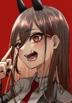  1girl black_nails blush brown_eyes chainsaw_man fangs hair_between_eyes highres horns kurisustinah long_hair looking_at_viewer necktie open_mouth power_(chainsaw_man) red_background simple_background solo symbol-shaped_pupils tongue 