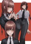  1girl absurdres bangs black_nails blood blood_on_face bloody_hands blush braid breasts brown_hair business_suit chainsaw_man formal highres kurisustinah long_hair looking_at_viewer makima_(chainsaw_man) necktie smile suit yellow_eyes 