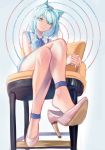  1girl animal_ears ankle_lace-up arknights blue_dress blue_eyes blue_hair blue_ribbon cross-laced_footwear crossed_legs dated dress frilled_dress frills high_heels highres kal&#039;tsit legs ribbon short_hair signature sitting thighs user_wjdx2532 
